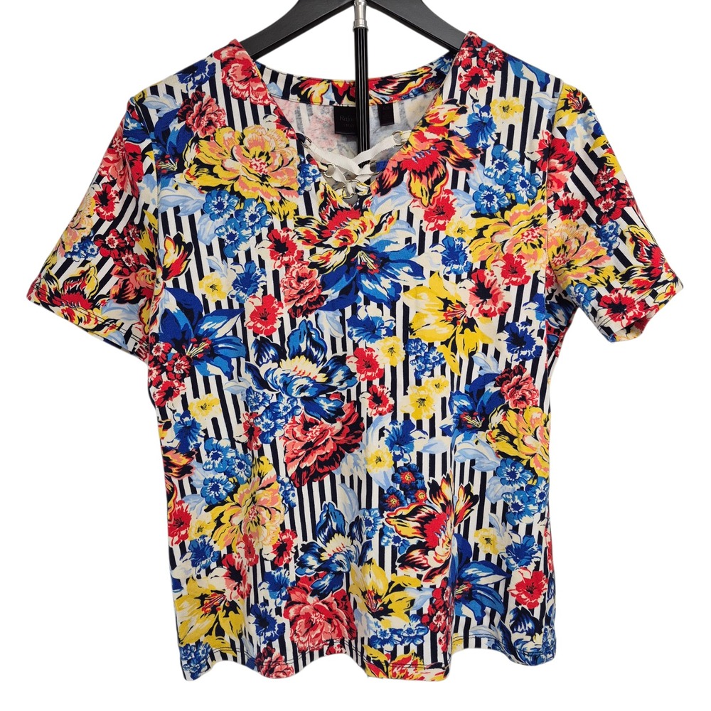Rafaella Studio Floral Striped Lace Up V-Neck Cotton Top Large Multi-Color